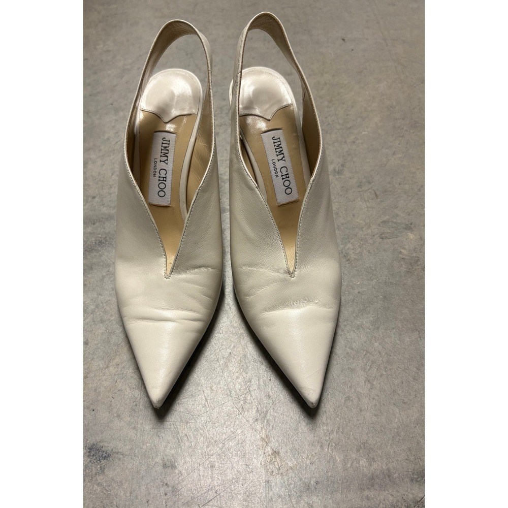 Jimmy Choo White Leather Pointed Toe Slingback Pumps V-Cut Heels Size 38.5 - Picture 2 of 6